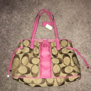 Authentic Tan Coach Purse with Hot Pink Lining